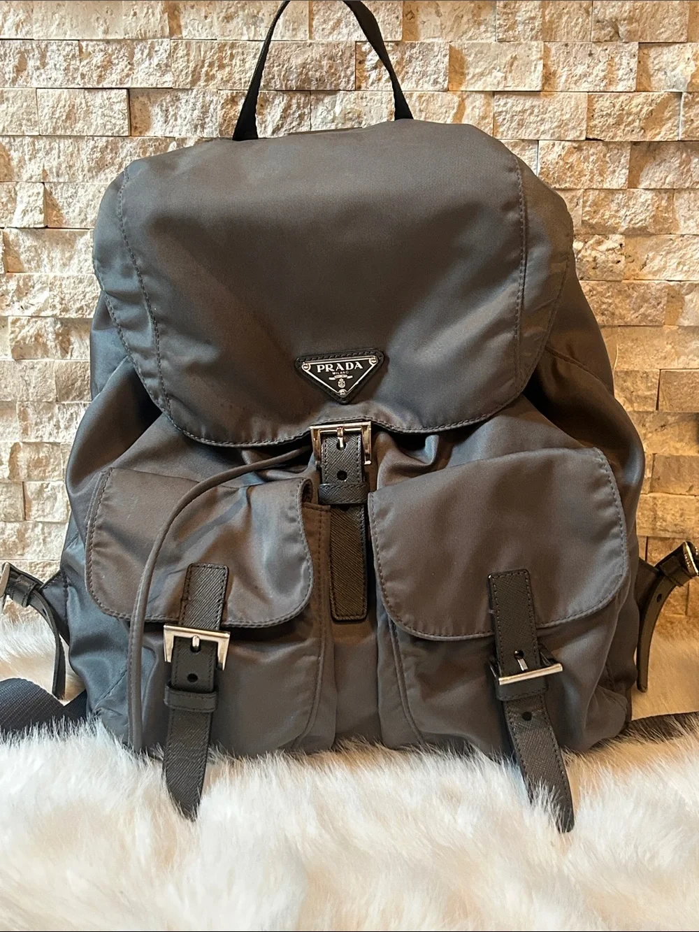 Prada Gray Nylon Backpack with Front Flap Pockets